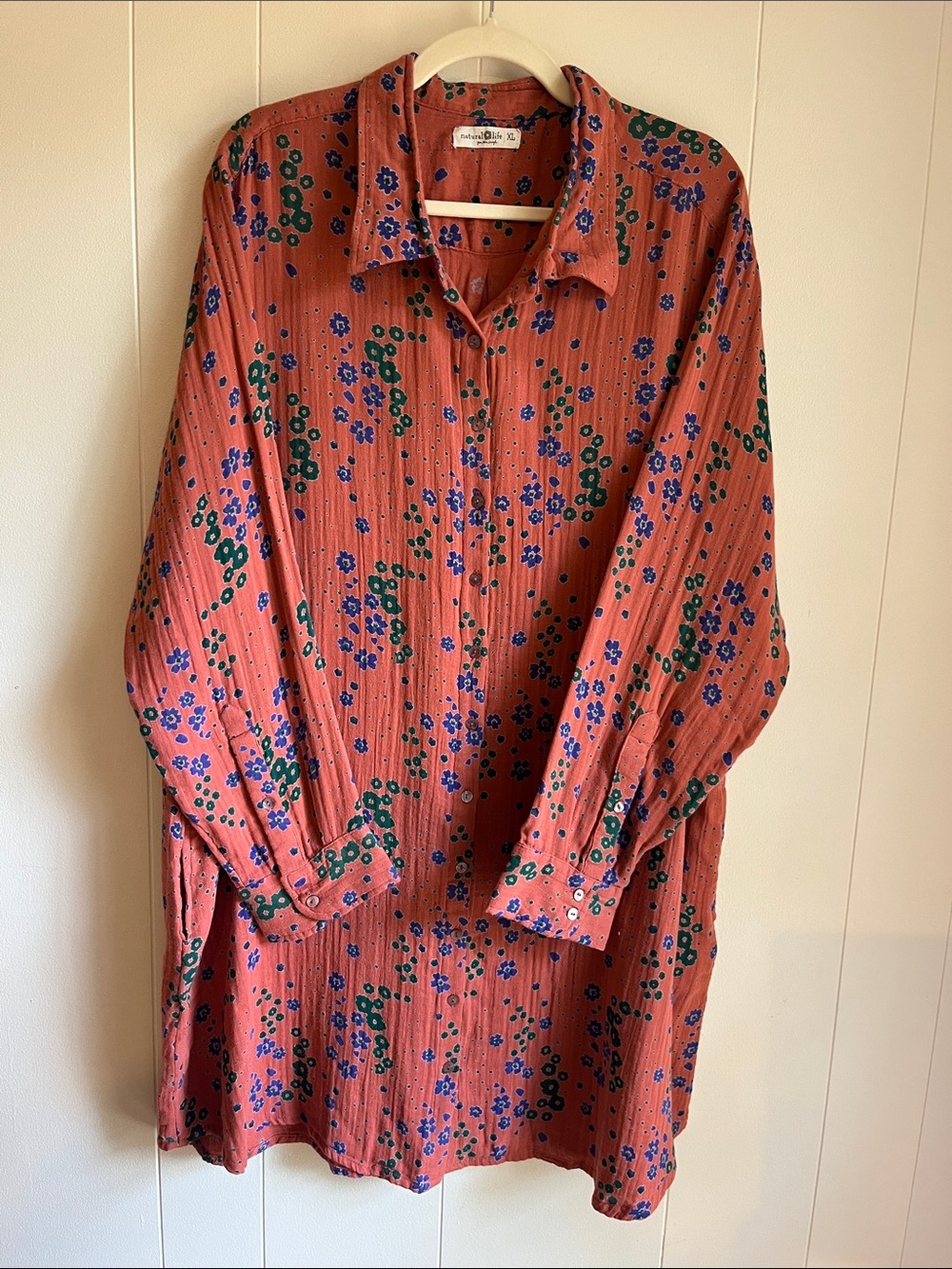 Natural Life Floral Button Front Long Sleeve Pink Green Shirt Dress Sz XL - Picture 5 of 11